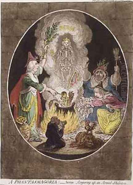 A Phantasmagoria Scene Conjuring Up an Armed Skeleton Oil Painting by James Gillray