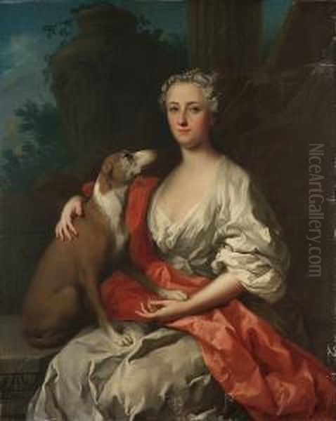 Portrait Of A Lady, Seated 
Three-quarter-length, In A White Dress With A Crimson Wrap, A Dog At Her
 Side, A Landscape Beyond Oil Painting by Jacopo (Giacomo) Amigoni