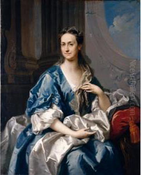 Portrait Of A Lady, 
Three-quarter Length, Wearing A Blue And White Velvet Dress And Seated 
In A Sumptuous Interior Oil Painting by Jacopo (Giacomo) Amigoni