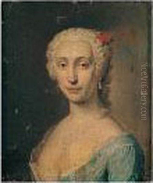 Portrait Of A Lady, Head And 
Shoulders, Wearing A Blue Lace-trimmed Dress And A Red Flower In Her 
Hair, Traditionally Thought To Be Princess Maria Clementina Sobieska 
(1702-1735) Oil Painting by Jacopo (Giacomo) Amigoni