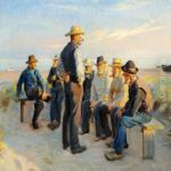 Summer Evening At Skagen Sonderstrand, The Fishermen Are Takinga Rest Oil Painting by Michael Ancher