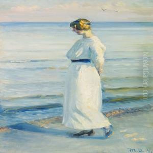 Young Girl Strolling Along Skagen Beach Oil Painting by Michael Ancher