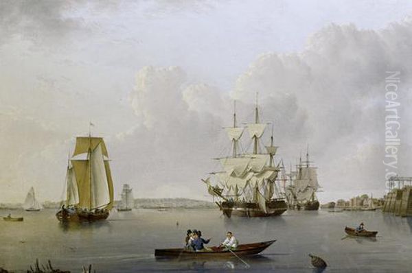 Merchant Ships And Indiamen 
Lying Off The Isle Of Dogs With Smaller Vessels In The River And 
Greenwich Hospital On The Opposite Bank Oil Painting by William Anderson