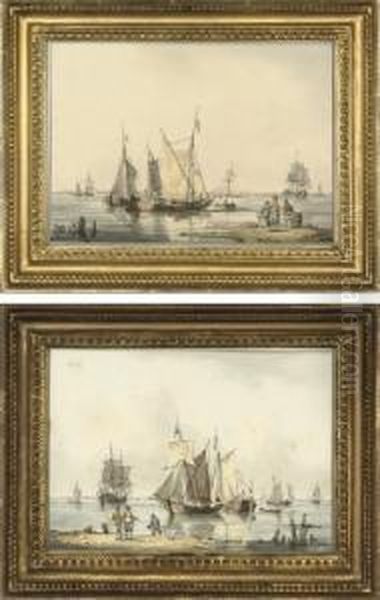 The Fishing Fleet Drying Their Sails
; And 
The Fishing Fleet Unloading Their Catch Oil Painting by William Anderson