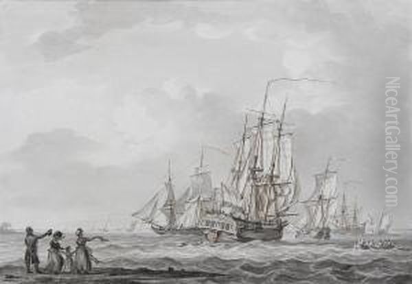 Figures On A Quay Waving To A Departing Ship Oil Painting by William Anderson