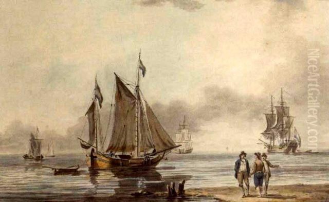 Dutch Shipping Offshore In A 
Calm, With A Passenger-carrying Hoy Heading Out From The Shore Oil Painting by William Anderson