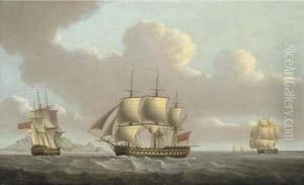 A 74 Gun Third Rate In Two 
Positions Off Table Bay, Cape Of Goodhope, With Table Mountain In The 
Distance Oil Painting by William Anderson