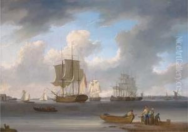 A Three-master And Other Ships 
On The Thames At Millwall, Withcolliers Moored In The Middle Of The 
River Oil Painting by William Anderson