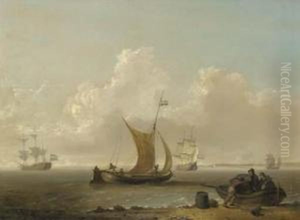A Dutch Warship And Merchantmen 
In An Estuary, With Figuresunloading Barrels On The Foreshore Oil Painting by William Anderson