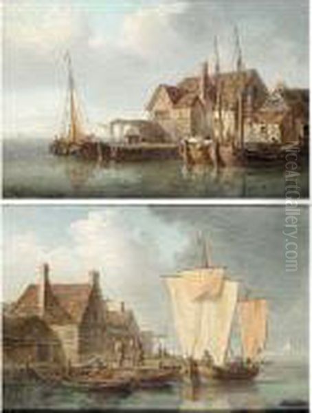 Quayside Scenes With Dutch Barges Oil Painting by William Anderson