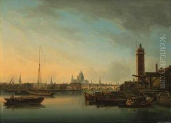 View Across The River Thames 
With A Timber Yard In The Foregroundand St. Paul's Cathedral Beyond Oil Painting by William Anderson