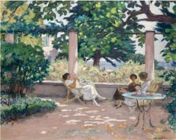 Property From An Important Private Collection
 

 
 
 

 
 Trois Jeunes Femmes Sur Une Terrasse A Laudun Oil Painting by Albert Andre