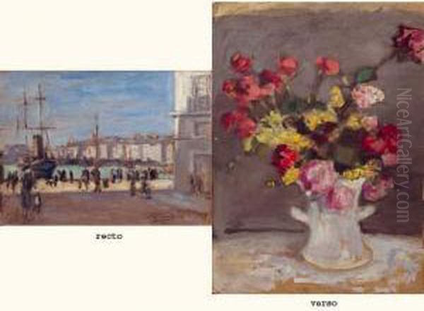Scene De Port A Marseille Et Bouquet De Fleurs, Circa 1918 Oil Painting by Albert Andre