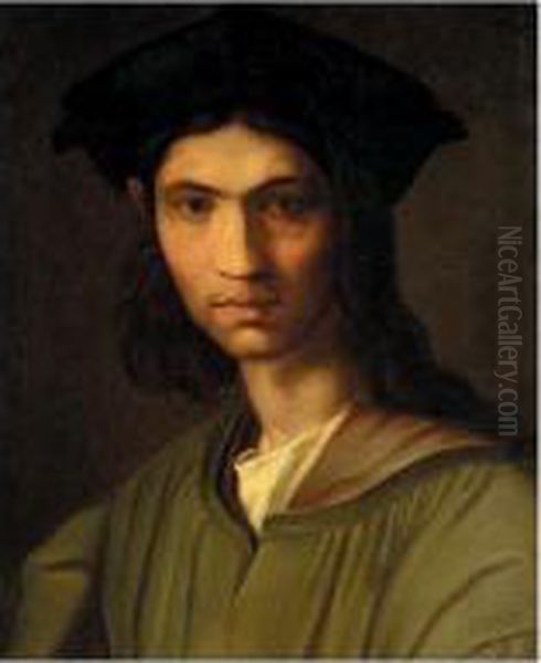 Portrait Of A Man, Head And 
Shoulders, Wearing A Green Jacket And A Black Hat, Said To Be Baccio 
Bandinelli Oil Painting by Andrea Del Sarto