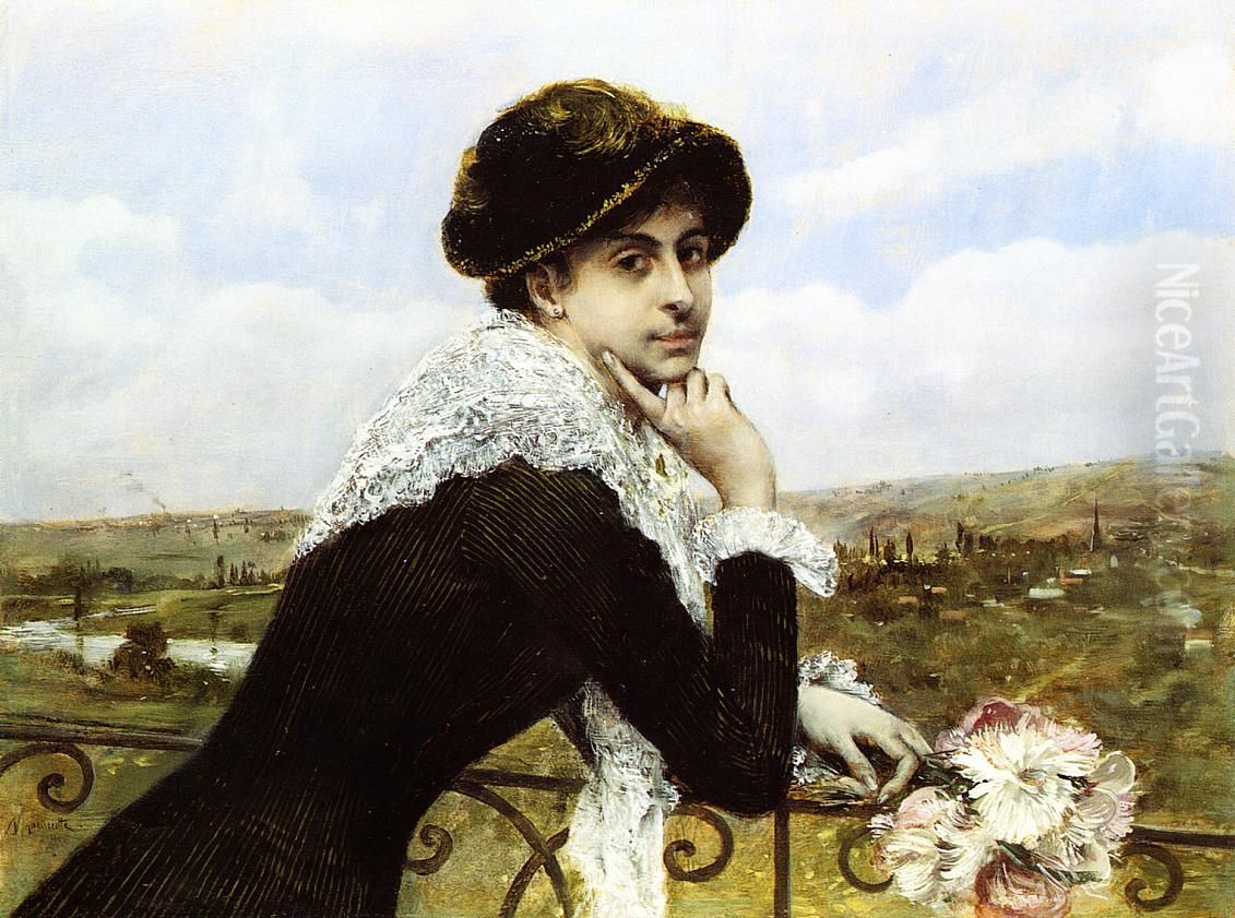 Woman on a Balcony Oil Painting by Norbert Goeneutte