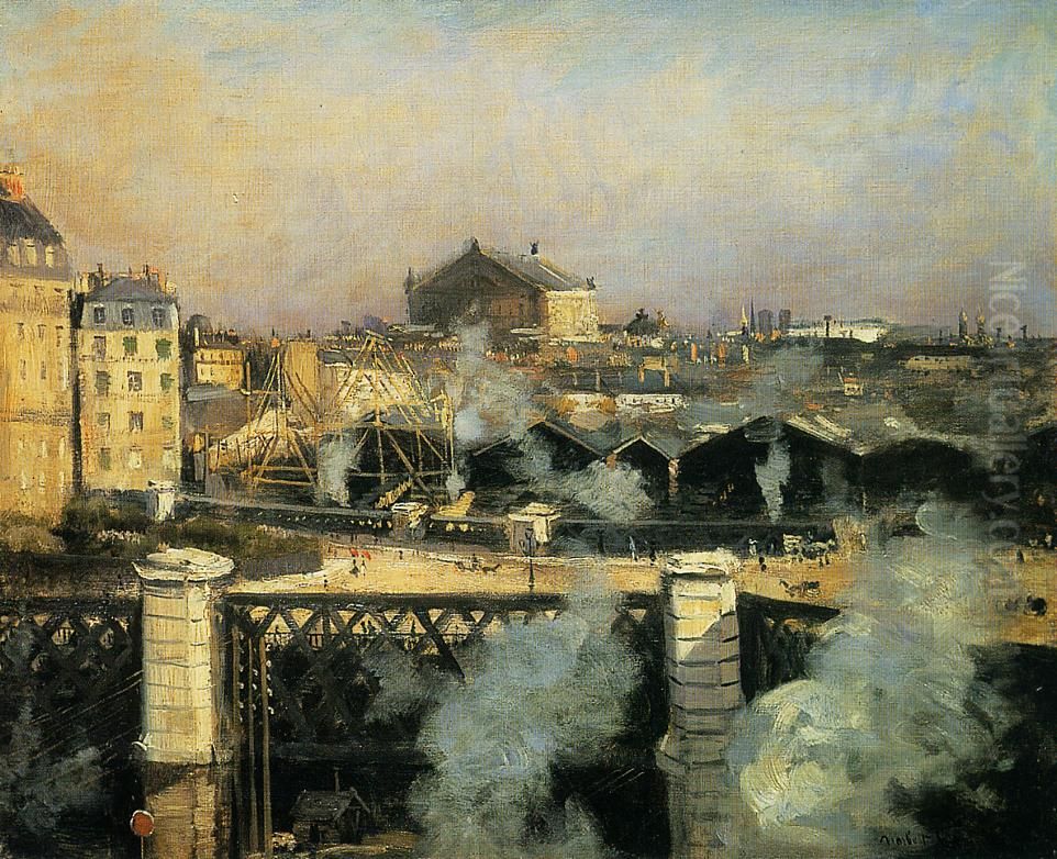 The Pont de l'Europe and the Gare Saint-Lazare with Scaffolding Oil Painting by Norbert Goeneutte
