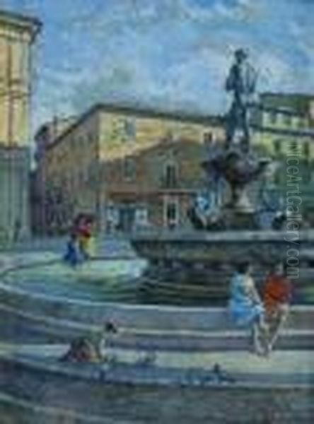 Roma, Figure In Piazza Nei Pressi Di Una Fontana Oil Painting by Filippo Anivitti