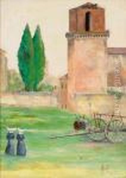 Campagna Laziale Con Ruderi E Suorine Oil Painting by Filippo Anivitti