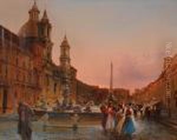 Serata A Piazza Navona Oil Painting by Filippo Anivitti