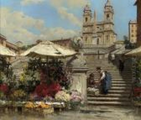 Flower Sellers On The Spanish Steps, Rome Oil Painting by Filippo Anivitti
