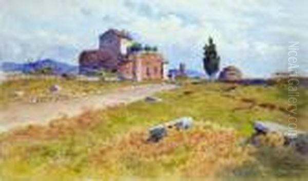 Campagna Romana Con Casale Sulla Via Appia Antica Oil Painting by Filippo Anivitti