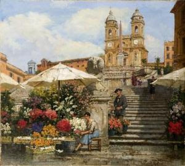 Roma, La Scalinata Di Trinita Dei Monti In Piazza Di Spagna Oil Painting by Filippo Anivitti