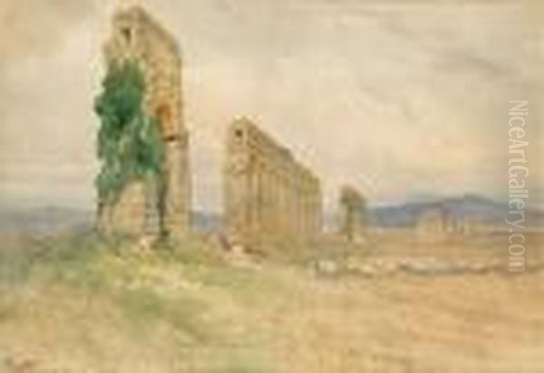 Veduta Della Campagna Romana Con Acquedotto E Gregge Di Pecore Oil Painting by Filippo Anivitti