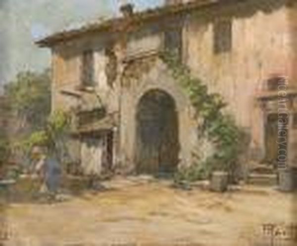 Casa In Campagna Con Lavandaia Oil Painting by Filippo Anivitti