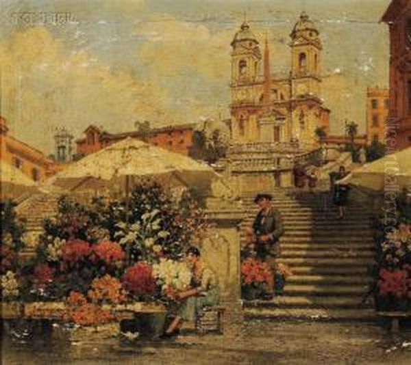 Flower Seller, Spanish Steps, Rome Oil Painting by Filippo Anivitti