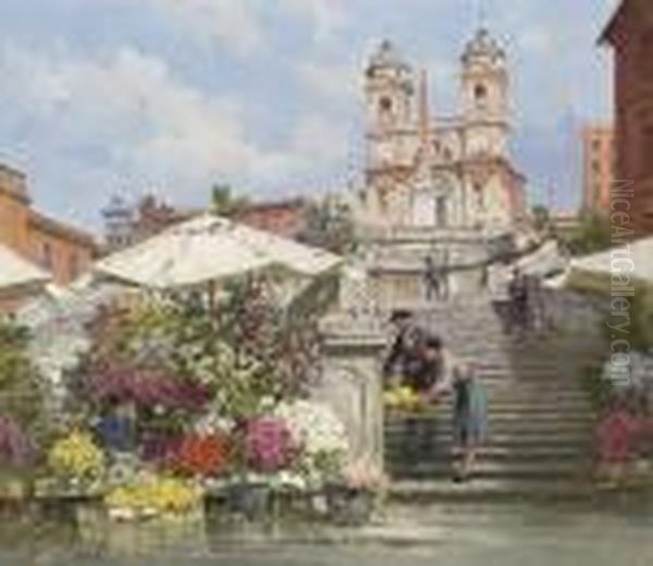 Selling Flowers On The Spanish Steps, Rome Oil Painting by Filippo Anivitti