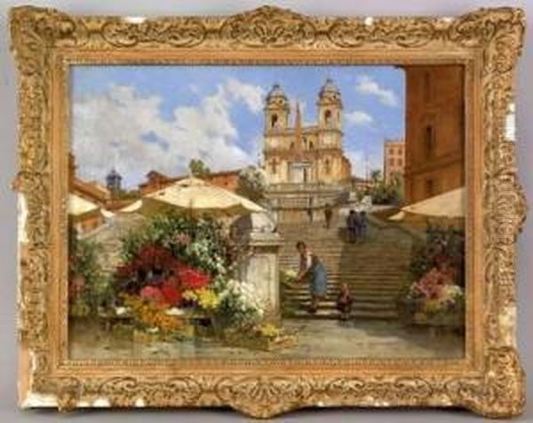 Cityscape With Mother And Children Oil Painting by Filippo Anivitti