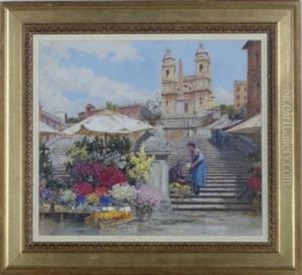 A Flower Seller On The Spanish Steps, Rome Oil Painting by Filippo Anivitti