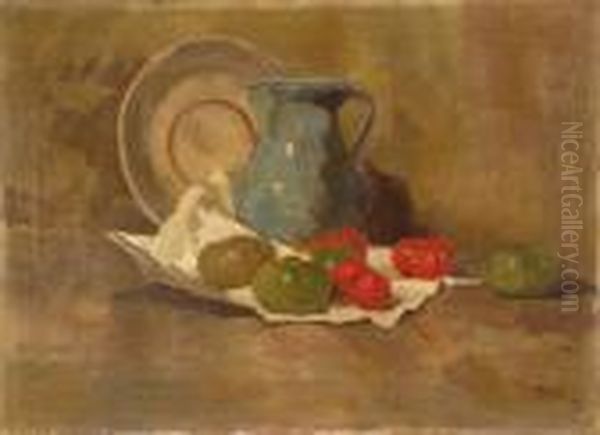 Natura Morta Con Brocca, Piatto E Pomodori Oil Painting by Filippo Anivitti