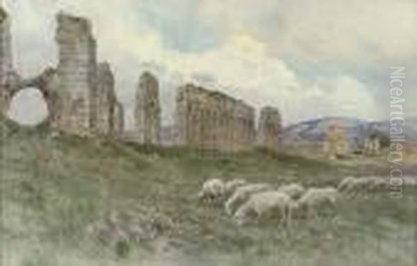 Sheep Before Ruins In The Roman Campagna Oil Painting by Filippo Anivitti