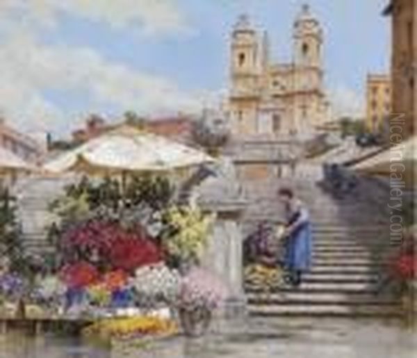 A Flower Seller On The Spanish Steps Oil Painting by Filippo Anivitti