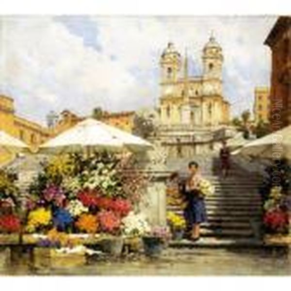 Roma, Mercato Dei Fiori A Piazza Di Spagna Oil Painting by Filippo Anivitti
