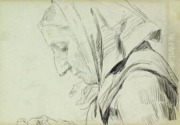 Kopf Einer Bauerin. - Handstudien. 2 Skizzenblatter Oil Painting by Albert Anker