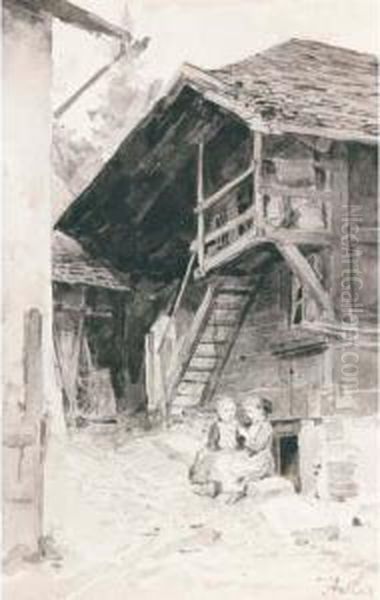 Kinder Vor Stadel Oil Painting by Albert Anker