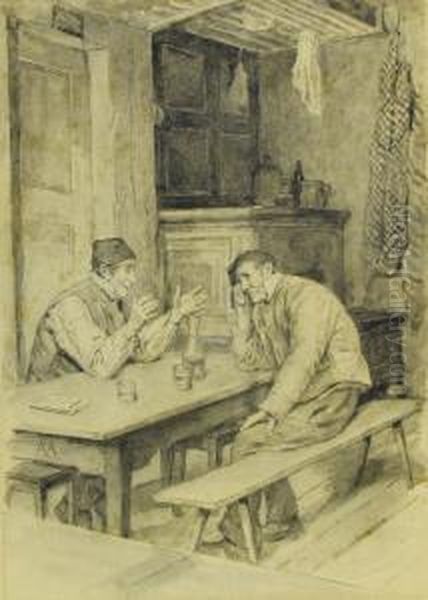 Zwei Bauern An Einem Tisch In 
Der Guten Stube Im Gesprach. Illustration Zu Jeremias Gotthelf, Die 
Kaserei In Der Vehfreude. Oil Painting by Albert Anker