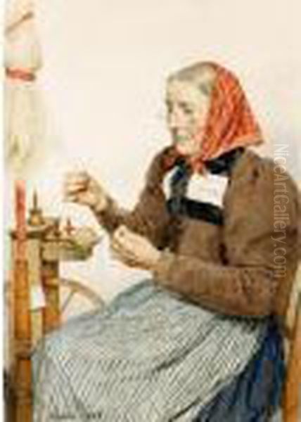 Grossmutter Am Spinnrad, 1906 
Grandmother Spinning, 1906 Oil Painting by Albert Anker