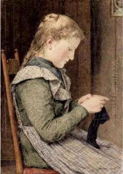 Strickendes Madchen, 1905 
Girl Knitting, 1905 Oil Painting by Albert Anker