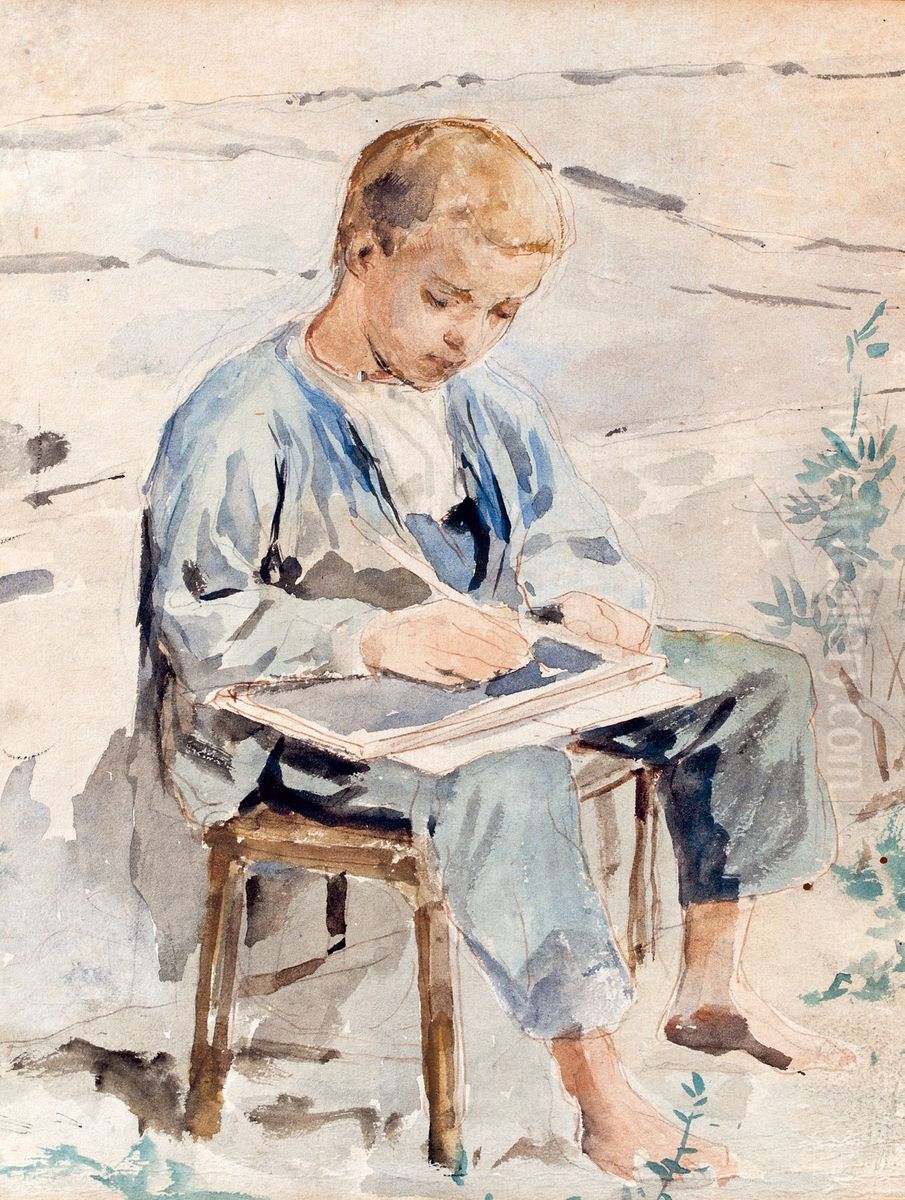 Knabe Mit Schiefertafel Oil Painting by Albert Anker