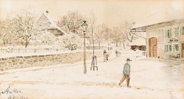 Verschneite Dorfstrasse In Ins. Oil Painting by Albert Anker