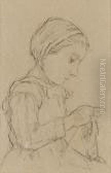 Strickendes Madchen. Oil Painting by Albert Anker