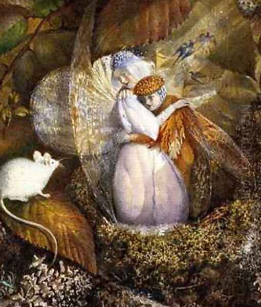 Fairy Lovers in a Birds Nest Watching a White Mouse Oil Painting by Frederick Goodall
