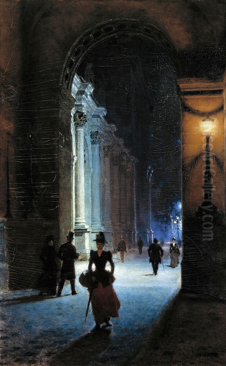 Louvre at Night Oil Painting by Aleksander Gierymski