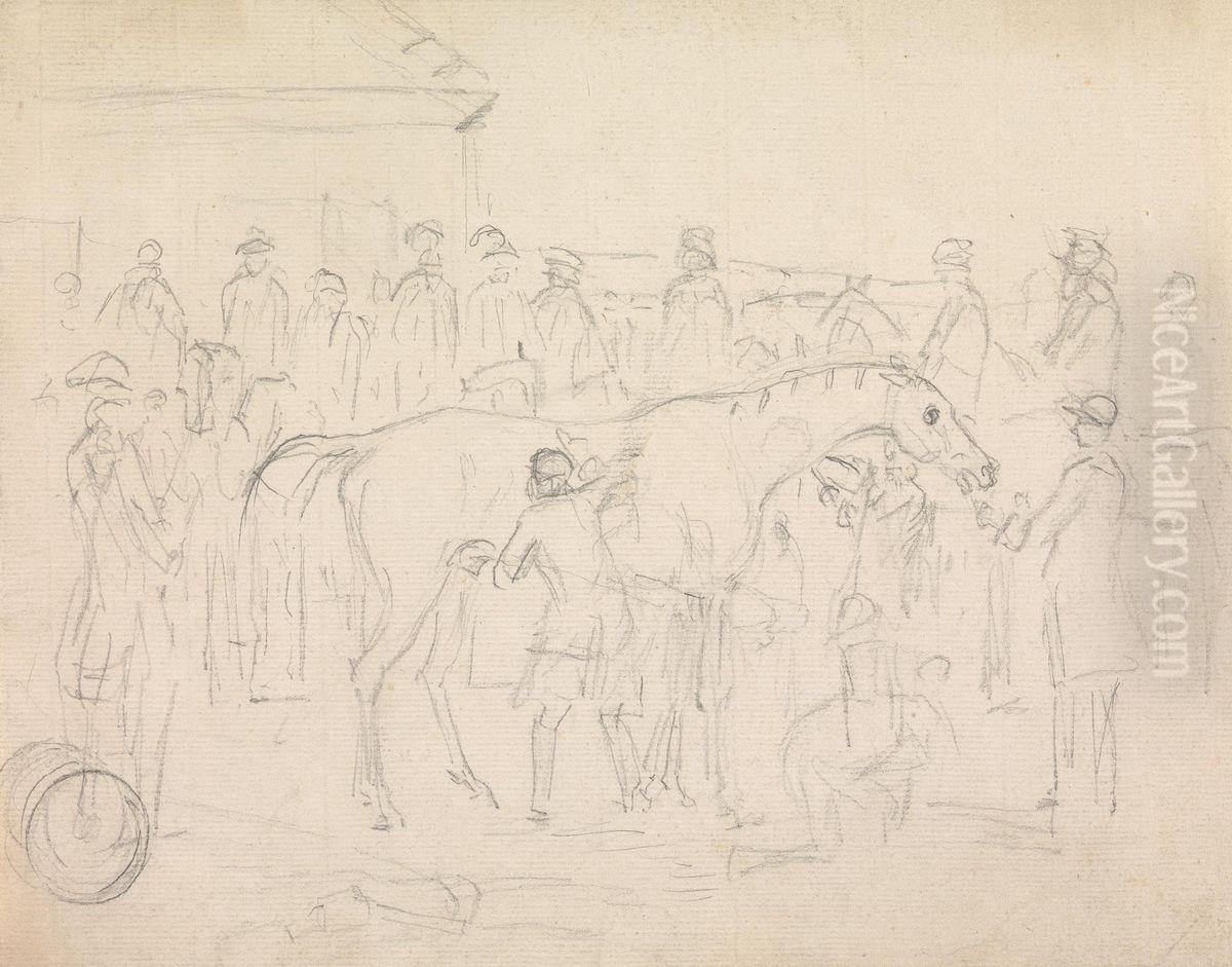 Rubbing down a horse in a paddock at a racetrack Oil Painting by Sawrey Gilpin