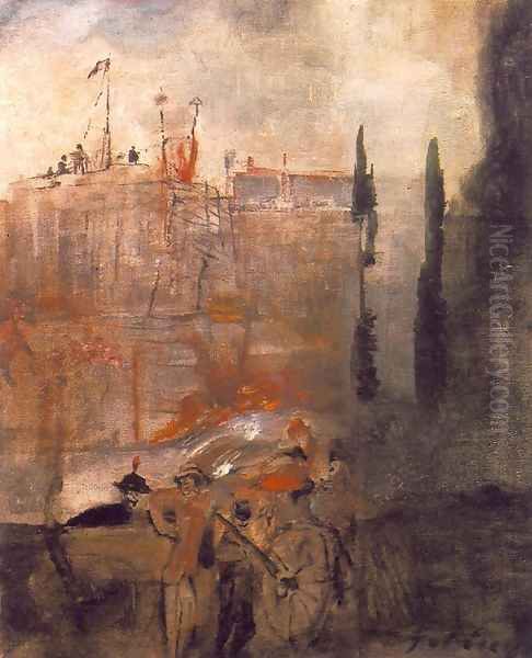 Siege of a Castle c. 1910 Oil Painting by Lajos Gulacsy
