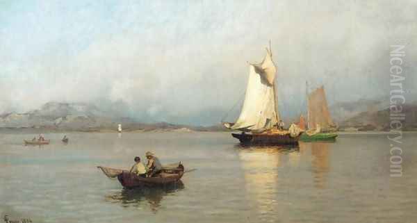 Fishing Boats off the Coast (Fiskeb&aring;ter ved kysten) Oil Painting by Hans Fredrik Gude