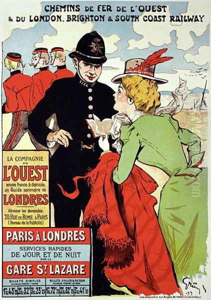 Reproduction of a Poster Advertising Trains from Paris to London Oil Painting by Jules Grun